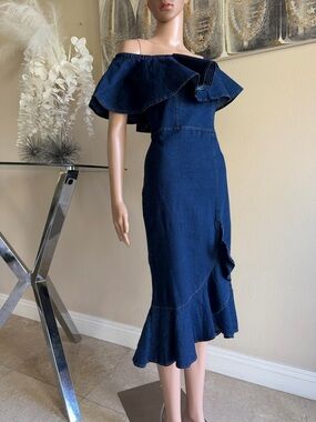Off-Shoulder Ruffle Denim Midi Dress - Navy